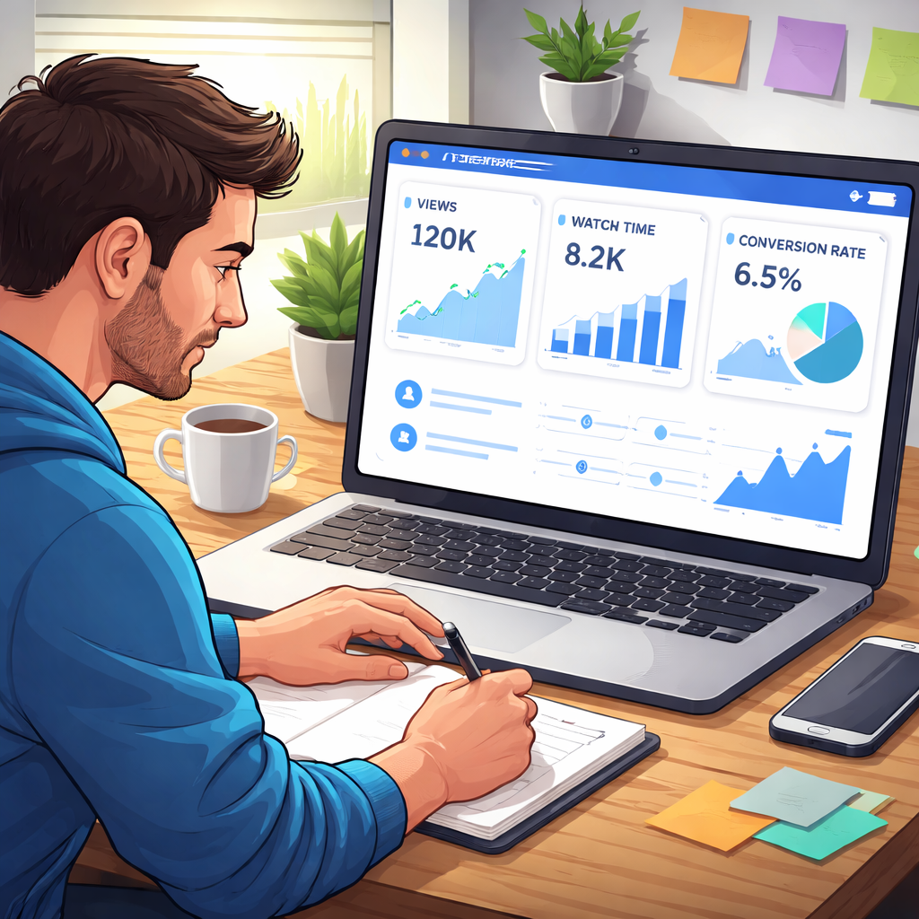 Illustration of a SaaS founder reviewing a video analytics dashboard on a laptop, with charts for view count, watch time, and conversion rate, showing a focused workspace. Alt: video marketing metrics dashboard for startups
