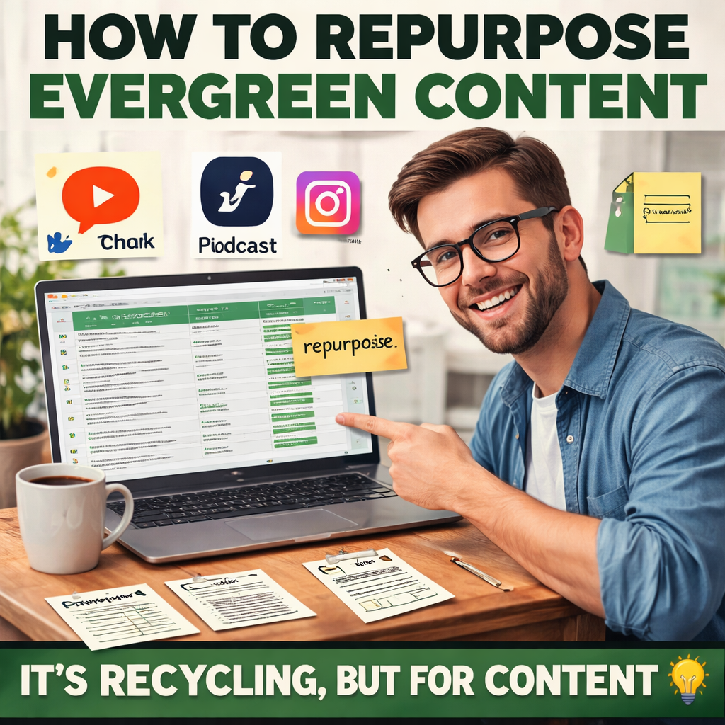 A digital marketer sitting at a desk, laptop open to a spreadsheet of evergreen articles, coffee mug beside it, with a sticky note that reads "repurpose". Alt: visual guide to evergreen content repurposing strategy.