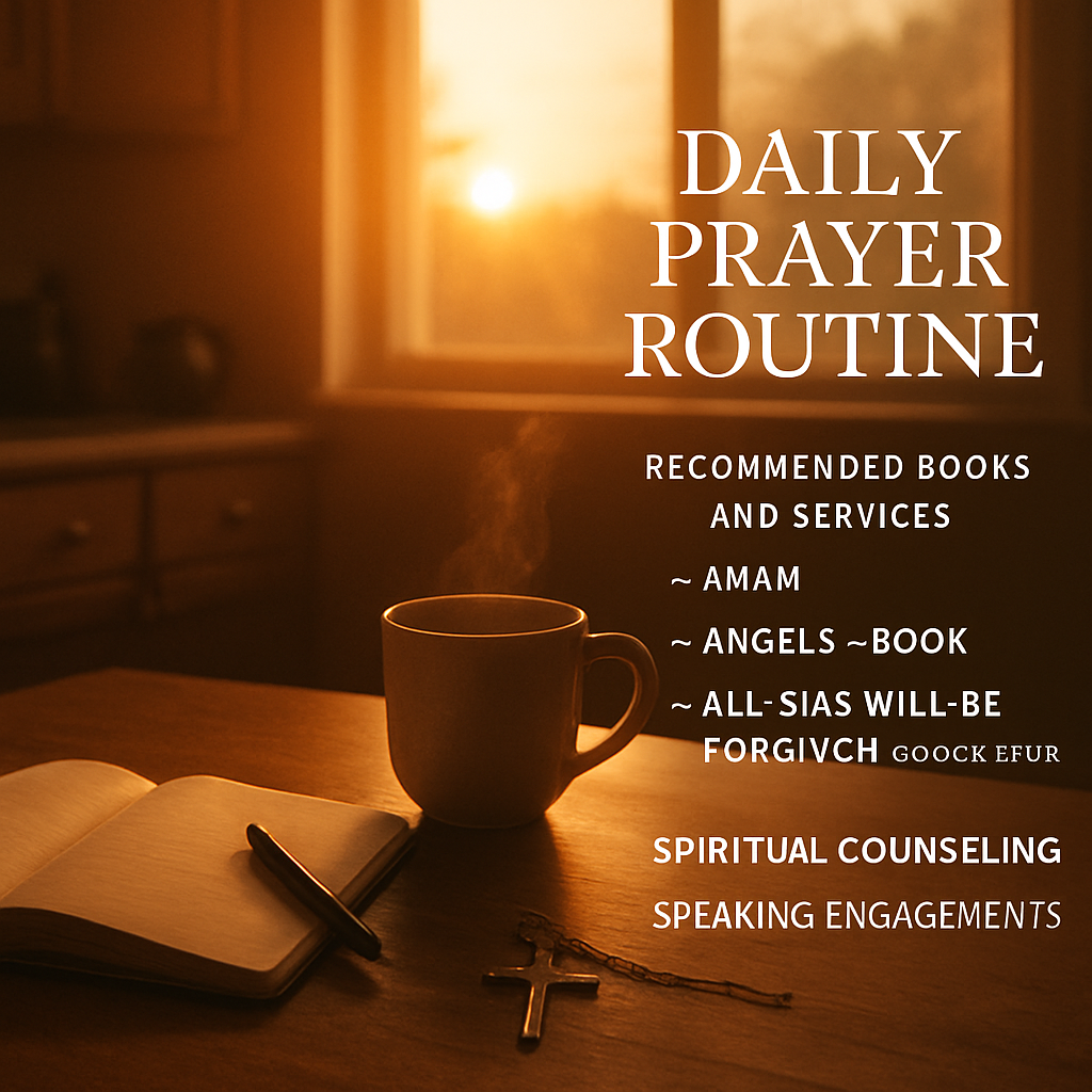 A serene sunrise over a quiet kitchen table with a notebook, a steaming cup of tea, and a cross pendant, representing the start of a daily prayer routine. Alt: Daily prayer routine sunrise kitchen setting