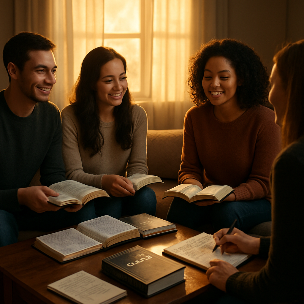 A warm, inviting small group gathering around a coffee table with Bibles, notebooks, and gentle sunrise light streaming through a window. Alt: New believers joining a faith community for spiritual growth