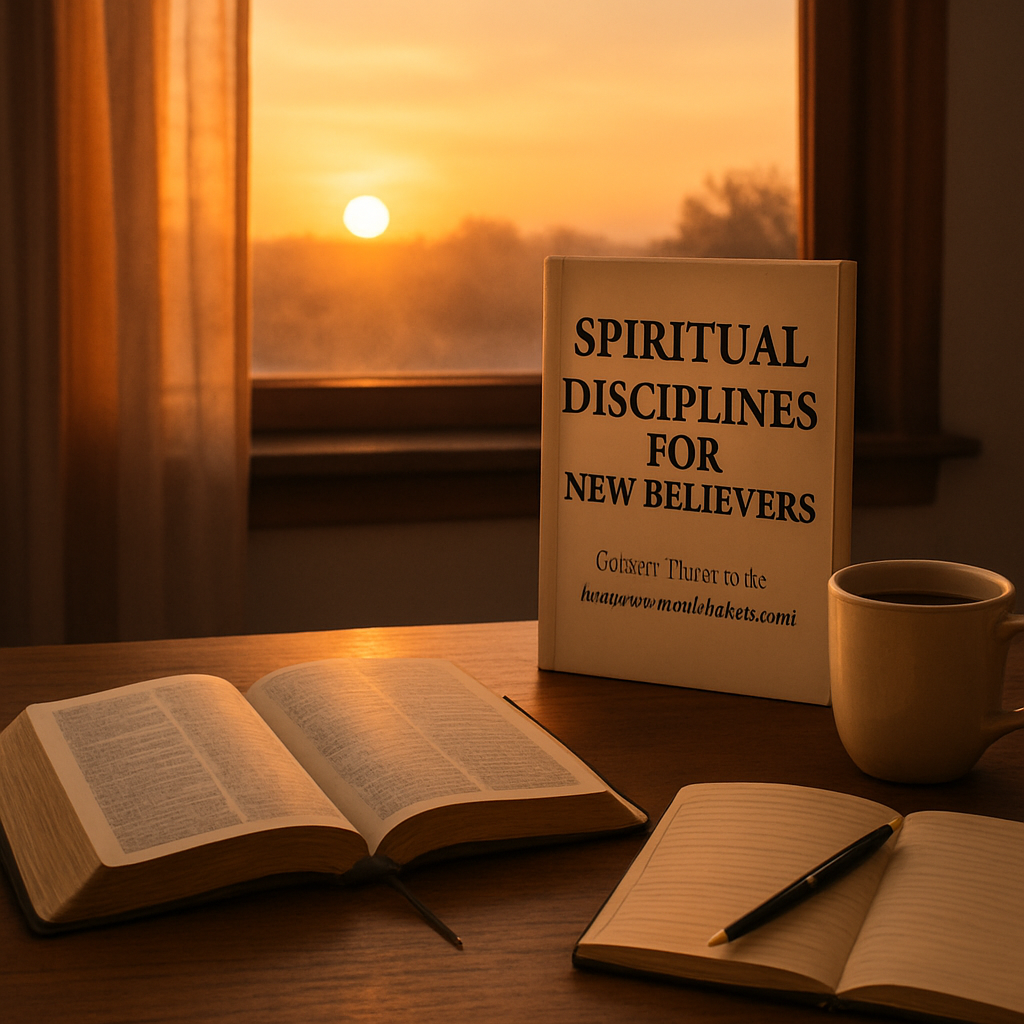 A calm sunrise over a quiet room with an open Bible, a journal, and a cup of tea, representing the practice of daily spiritual disciplines. Alt: Spiritual disciplines for new believers, quiet time with Scripture and reflection