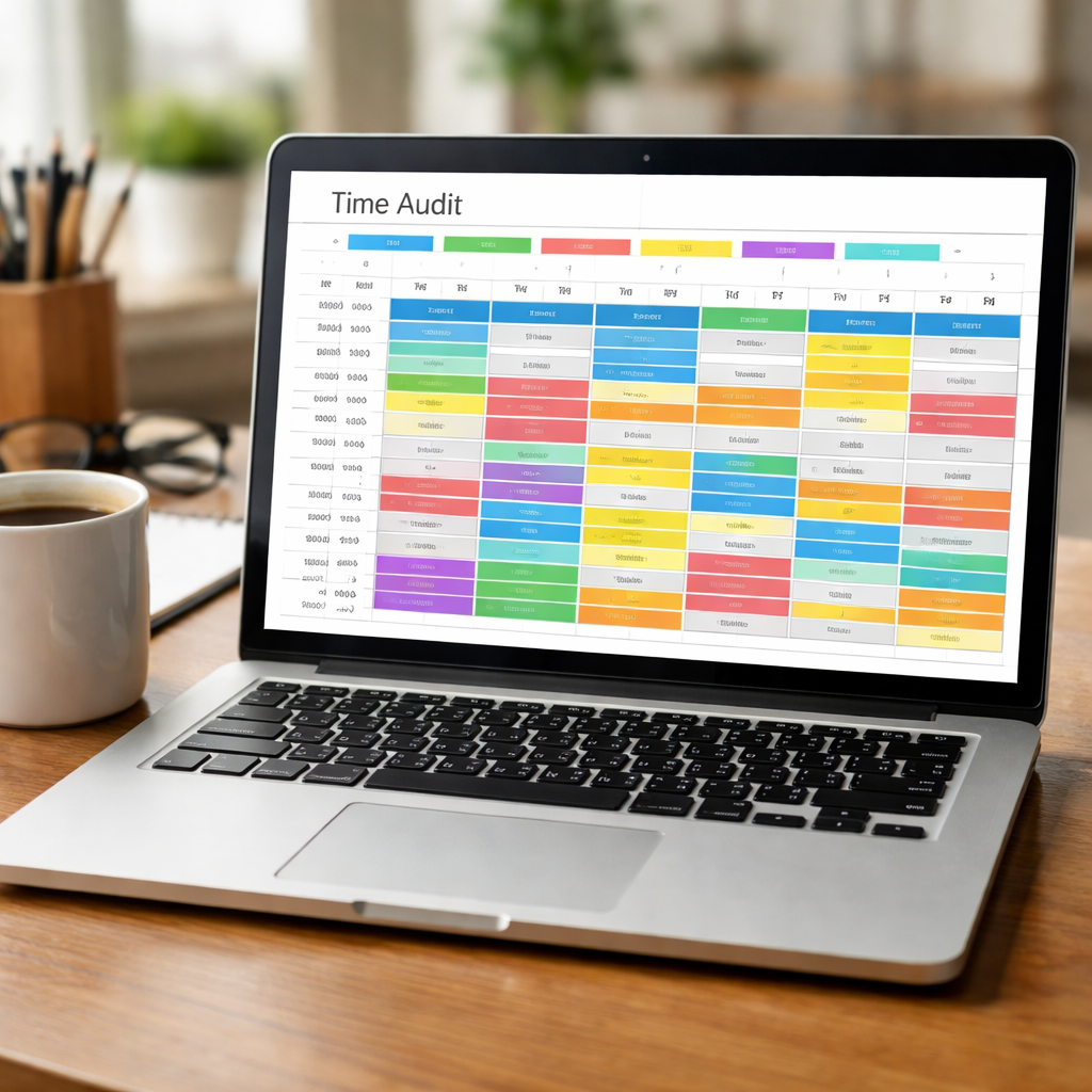 A laptop with a colorful spreadsheet showing time blocks and a coffee mug, alt: “Time audit spreadsheet illustration”