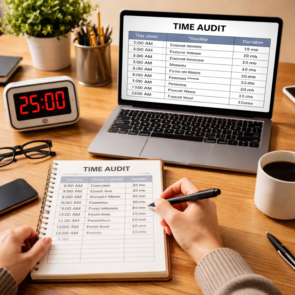 A person sitting at a desk with a laptop, a timer, and a notepad filled with a time audit table. Alt: Time audit template on a laptop screen.