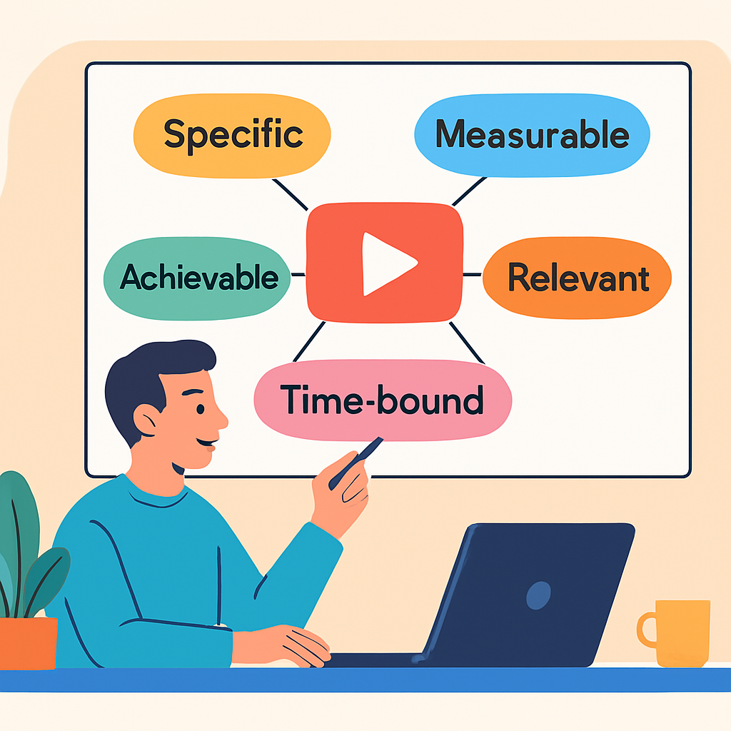 Illustration of a SaaS founder sitting at a desk, mapping out a video marketing goal on a whiteboard, with SMART goal bubbles (Specific, Measurable, Achievable, Relevant, Time‑bound) surrounding a central video icon, bright colours, clean digital‑style illustration, alt: 