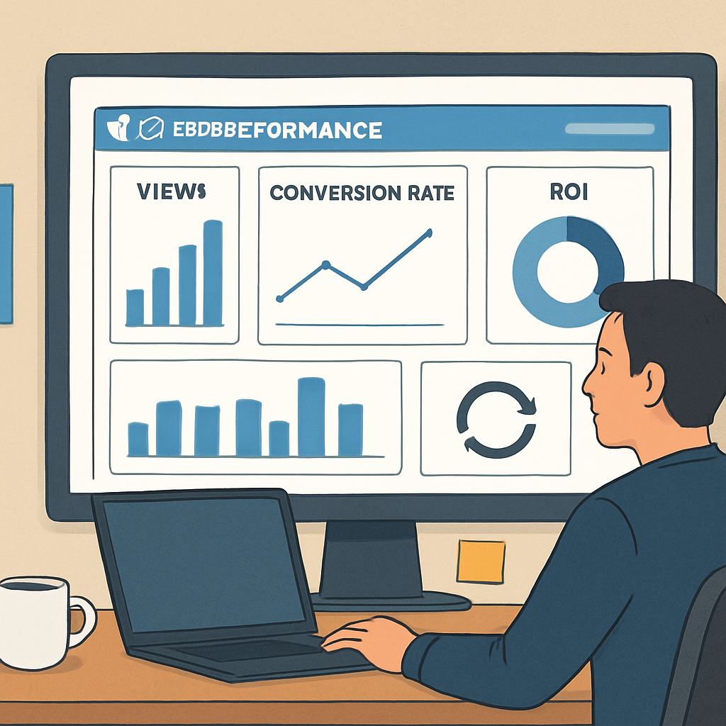 An illustration of a SaaS founder looking at a dashboard filled with video performance charts—views, conversion rate, ROI, and a loop arrow indicating iteration. The scene includes a laptop, coffee mug, and sticky notes, conveying a hands‑on, data‑driven workflow. Alt: video marketing guide measuring ROI and iterating workflow illustration
