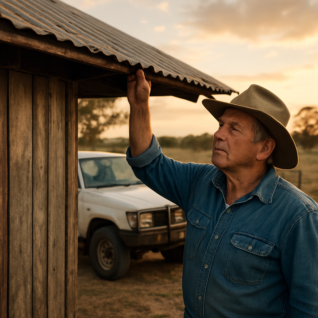 A farmer checking a shed roof with a 4x4 vehicle in the background. Alt: maintenance builder seasonal checklist for farm properties