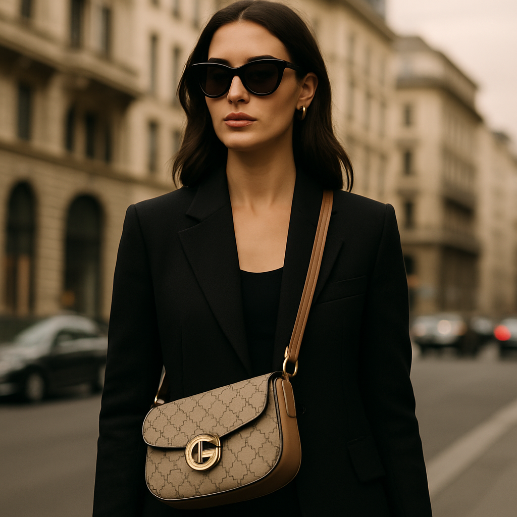 A stylish woman wearing a designer crossbody bag, showcasing the bag’s size and shape against a city backdrop. Alt: designer crossbody bags for women size and shape guide