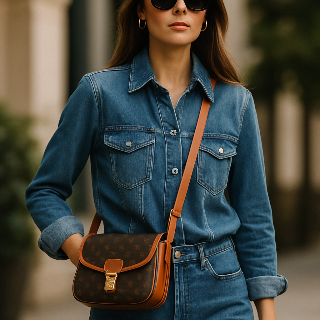 A stylish woman wearing a designer crossbody bag for women, coordinating the bag with a casual denim outfit. Alt: designer crossbody bags for women outfit coordination tips
