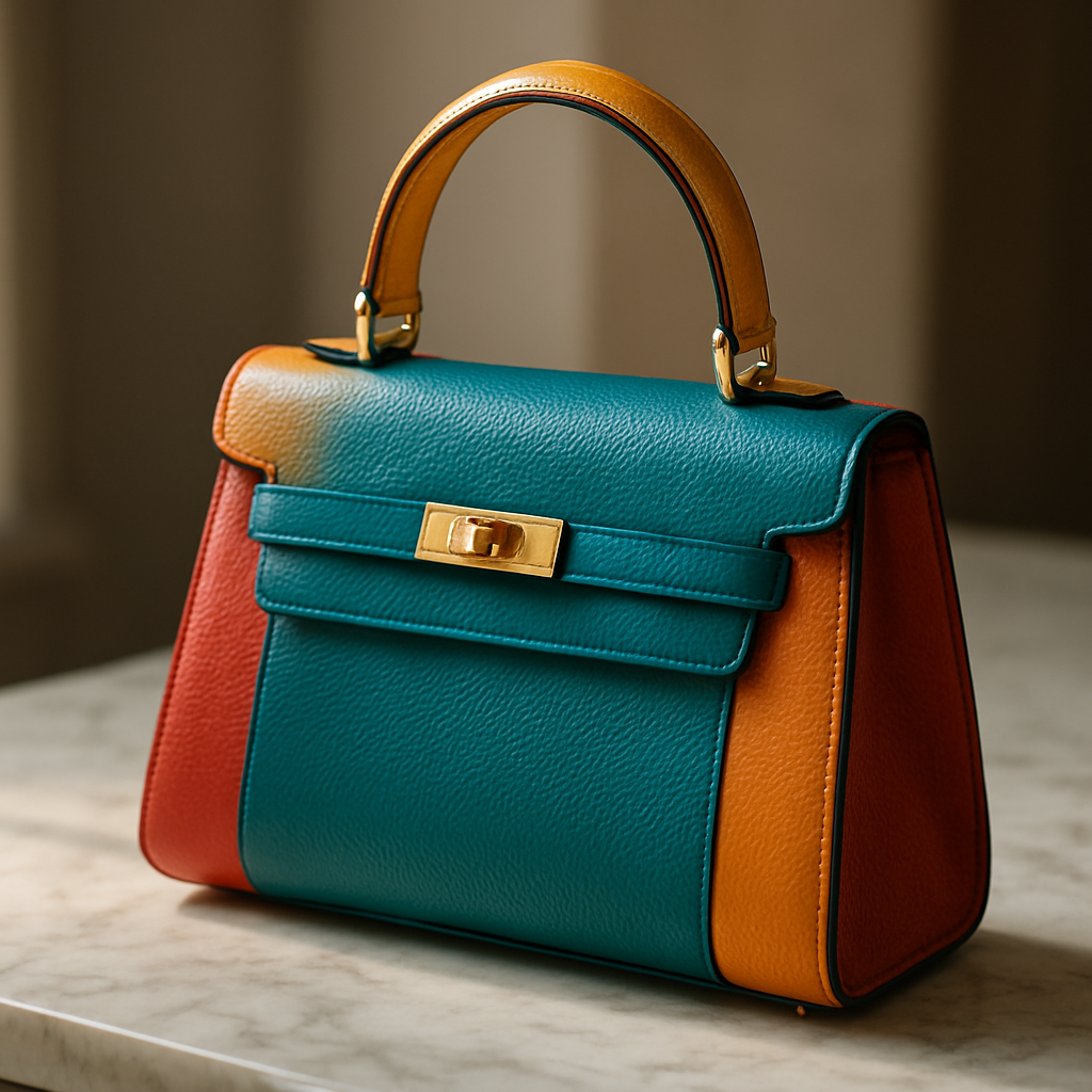 A vibrant, colorful designer handbag displayed on a marble countertop with soft natural light highlighting the leather grain and hardware. Alt: Colorful designer handbag showcasing durability and authentic details.