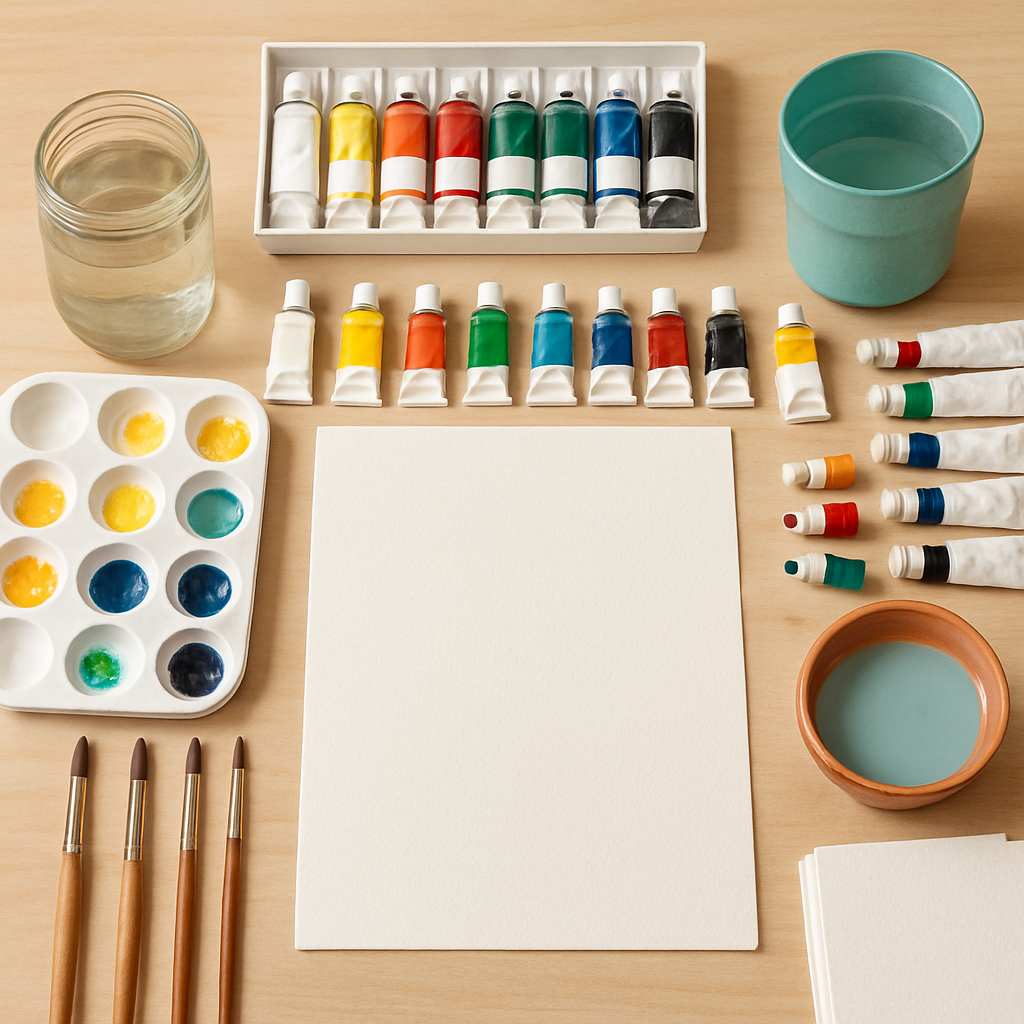 An artist’s bright, organized gouache painting workspace with paints, brushes, water containers, and watercolor paper arranged neatly. Alt: Step-by-step online gouache painting techniques course — organized artist workspace with gouache supplies and brushes.