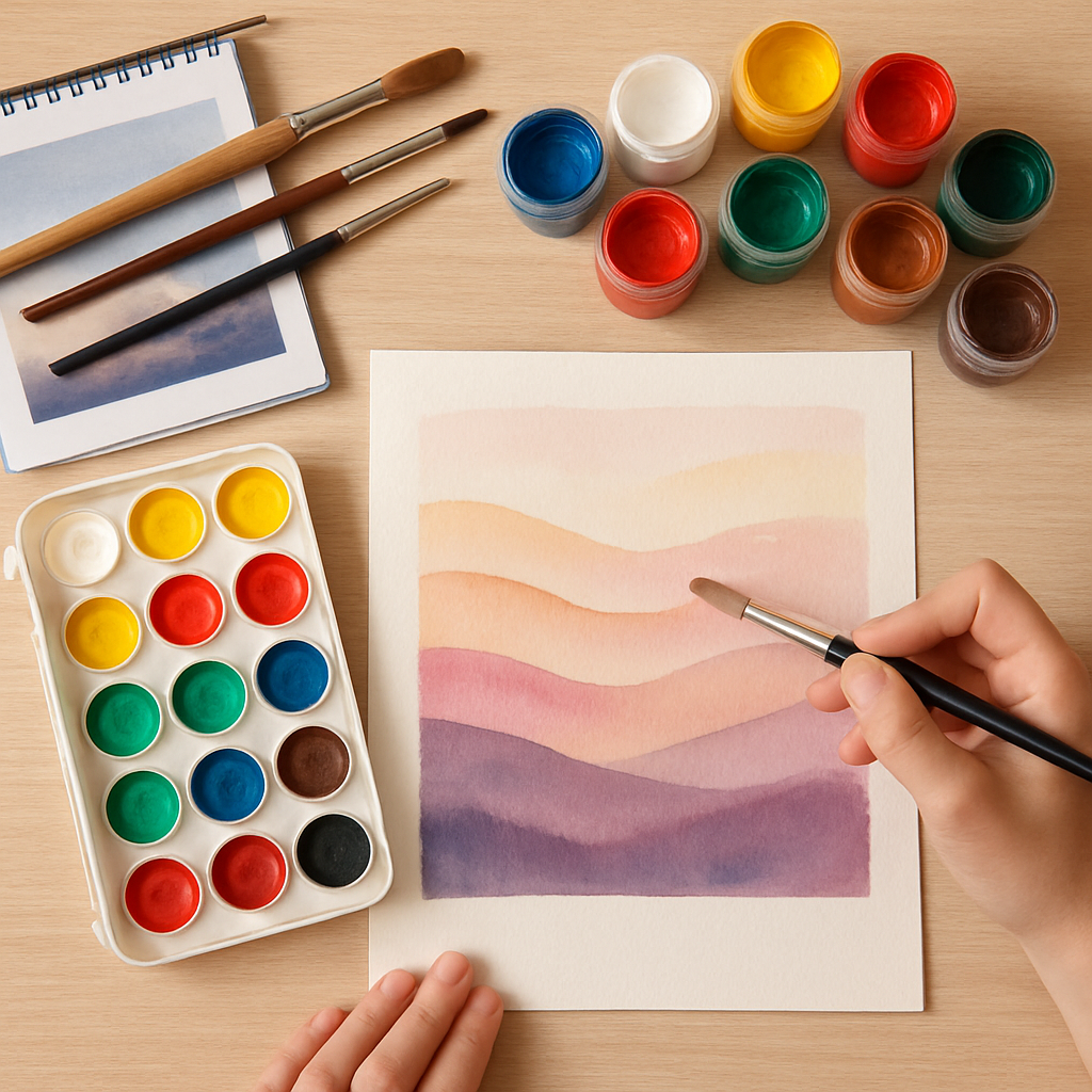 A beginner artist’s workspace with colorful gouache paints, brushes, and a partially completed gouache painting showing soft layering techniques. Alt: Beginner creating first gouache painting project with step-by-step online gouache painting techniques course.