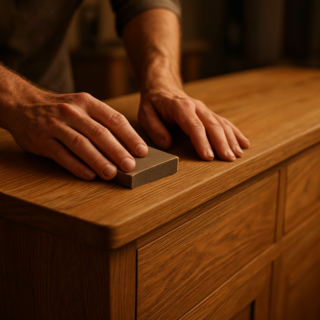 A close‑up of a craftsman's hands sanding a solid oak sideboard, showing the grain and oil finish. Alt: Wooden furniture craftsmanship and materials.