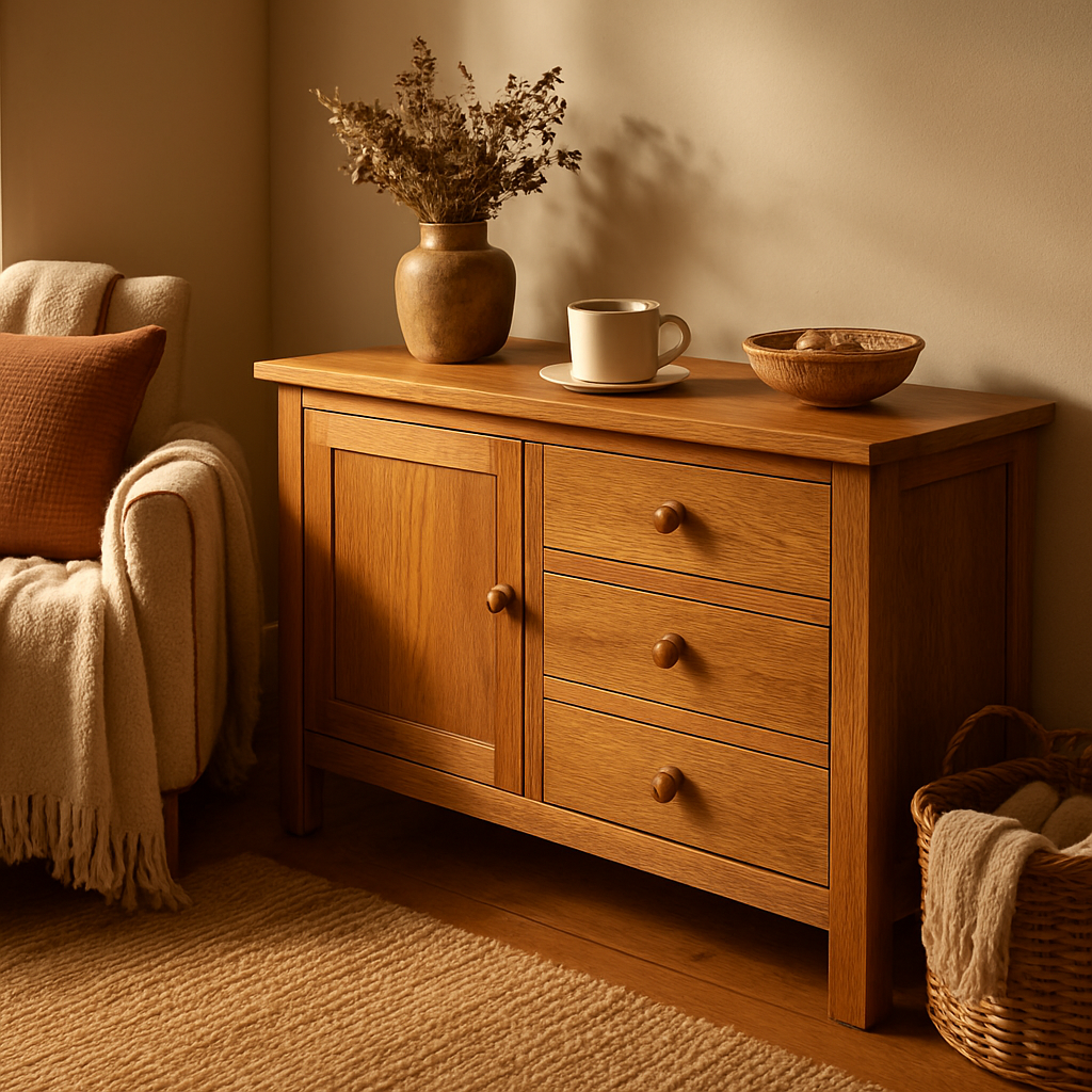 A sunlit British living room showcasing a handcrafted oak sideboard with a hand‑rubbed oil finish, surrounded by cozy textiles and a cup of tea on top. Alt: High‑quality wooden furniture with sustainable finish in a home interior.