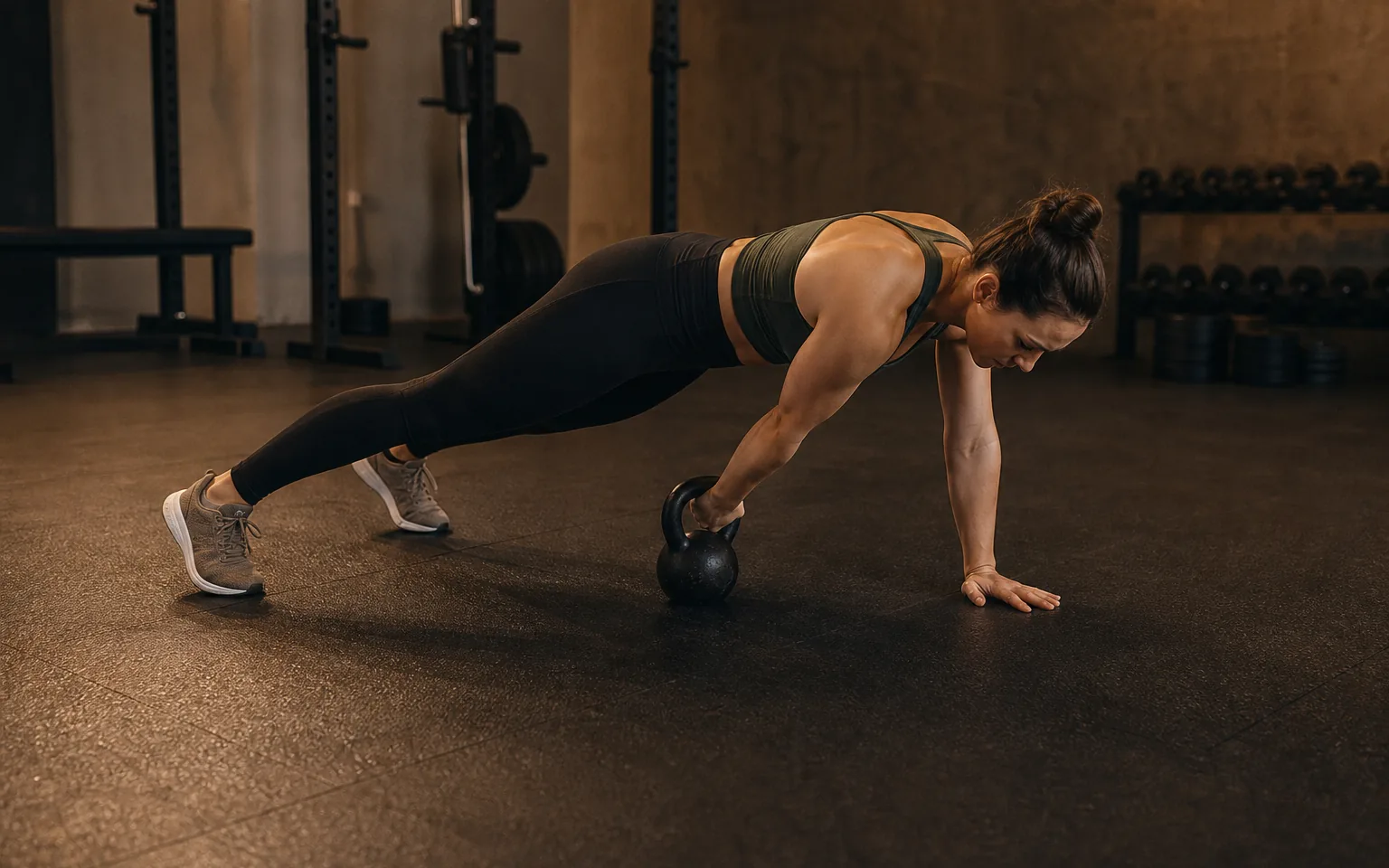 A woman drags a kettlebell beneath her body from a high plank.