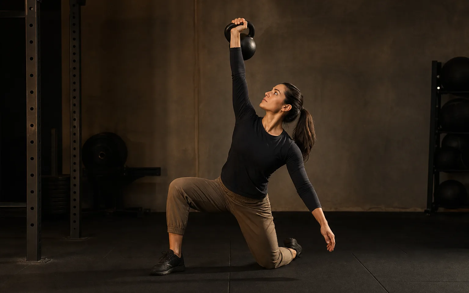 A woman holds a kettlebell overhead while rising into a half-kneeling Turkish get-up.