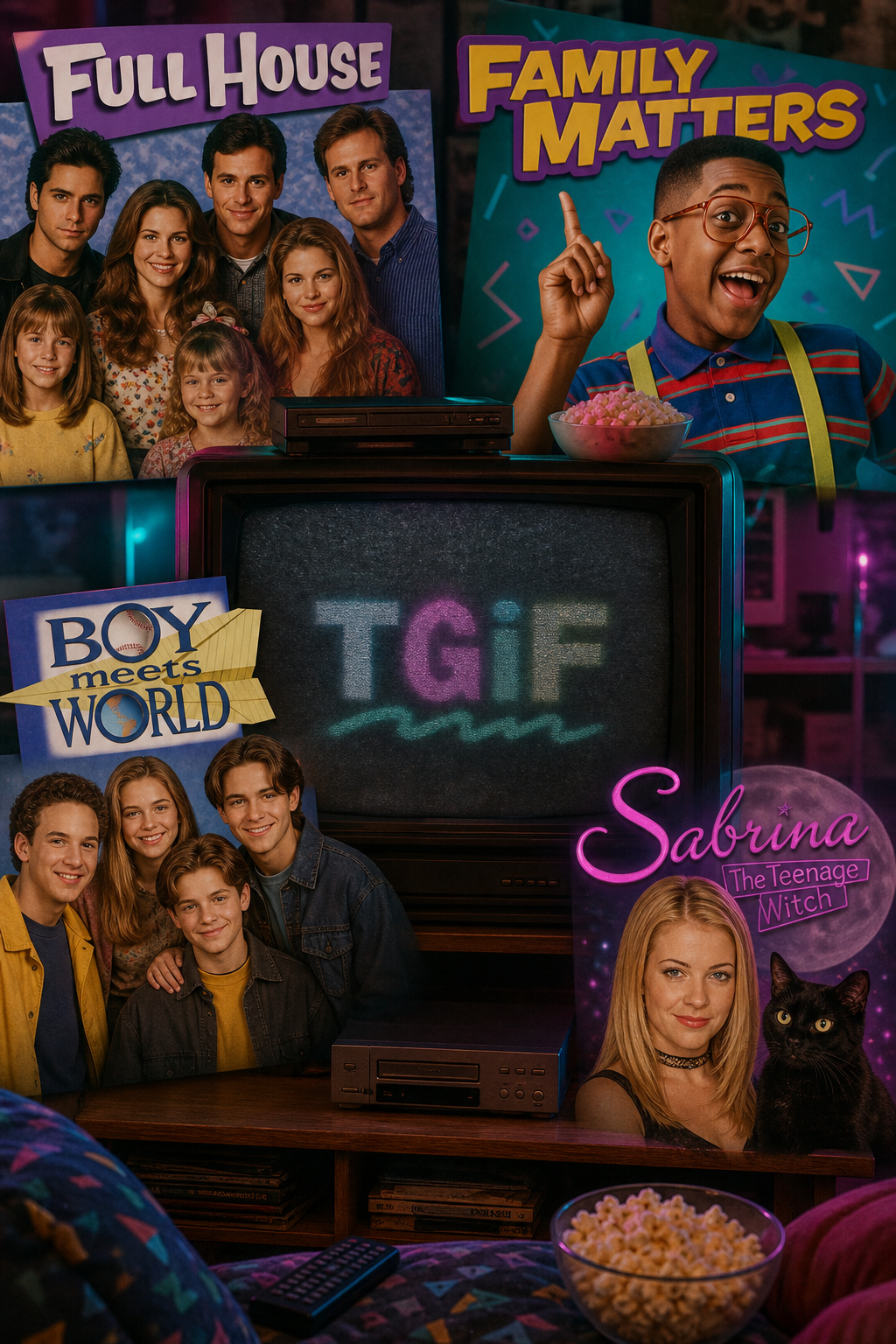 A nostalgic collage of TGIF show logos and a fading TV screen, with a slightly blurry retro aesthetic. The image includes the logos of Full House, Family Matters, Boy Meets World, and Sabrina the Teenage Witch arranged around a central TGIF logo that is fading. Alt: Collage of TGIF show logos fading into nostalgia.