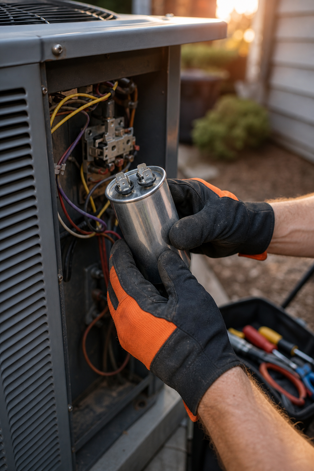 A realistic close-up of an HVAC technician's gloved hands holding a cylindrical AC capacitor next to an outdoor condenser unit, with warm afternoon sunlight in the background. Alt: AC capacitor replacement being performed on an outdoor condenser unit in Placer County.