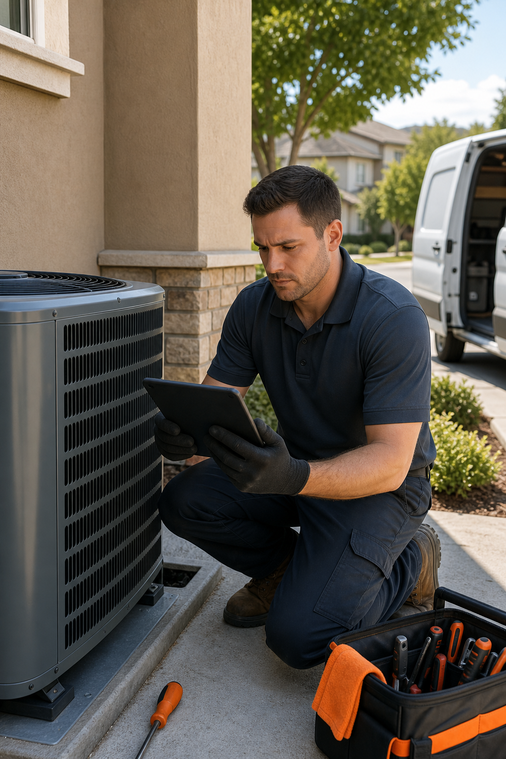A realistic wide-angle photo of an HVAC technician reviewing a service quote on a tablet while kneeling beside an outdoor AC condenser unit on a residential property in a California suburb. Alt: HVAC technician reviewing AC repair pricing at a home in Placer County California.