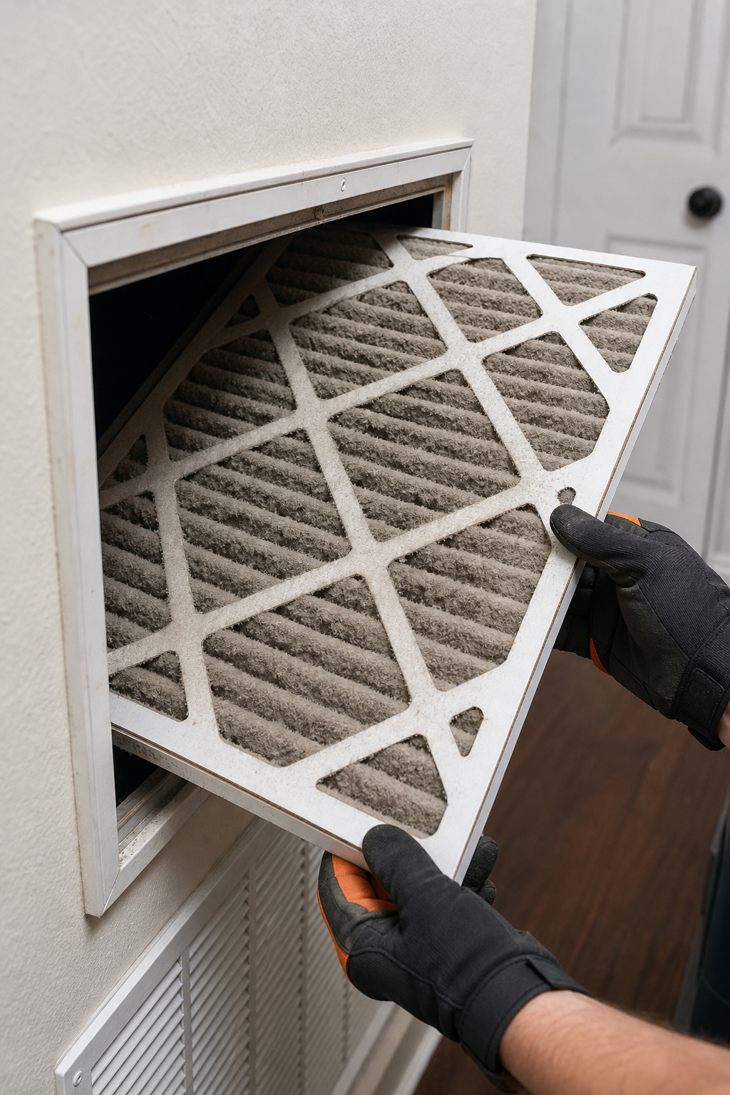 A realistic close-up photo of a technician's hands pulling a heavily clogged gray air filter from an HVAC return air vent inside a residential home, with dust buildup clearly visible on the filter surface. Alt: dirty AC air filter being removed from return air vent during HVAC troubleshooting.