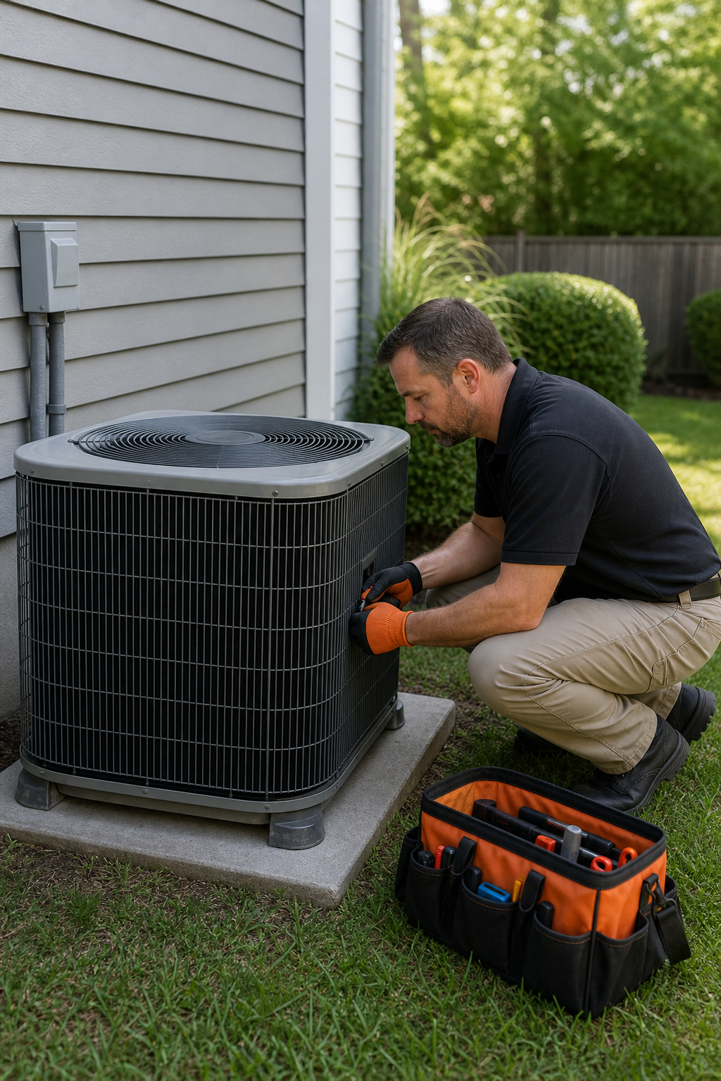 A realistic outdoor photo showing a residential central air conditioning condenser unit next to a house, with an HVAC technician in work clothes inspecting the unit on a sunny day, surrounded by a neat yard. Alt: HVAC technician inspecting outdoor AC condenser unit during summer maintenance check.