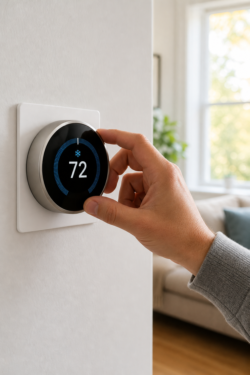 A photorealistic close-up of a modern digital thermostat mounted on a white wall, set to cooling mode, with a homeowner's hand adjusting the temperature dial. Warm natural light from a nearby window. Alt: homeowner adjusting thermostat settings when AC is not turning on