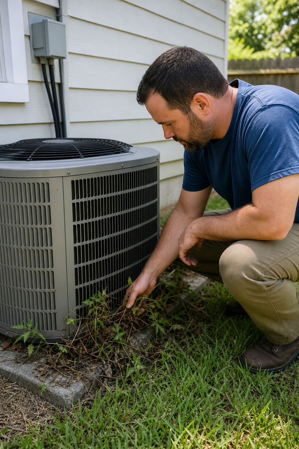 A photorealistic outdoor view of a residential AC condenser unit beside a house, showing a homeowner crouching to inspect the unit for debris and vegetation obstruction on a sunny summer day. Alt: homeowner inspecting outdoor AC condenser unit that is not turning on