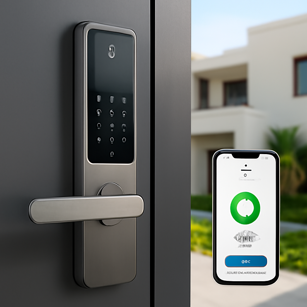 A modern smart lock system installed on a sleek front door in a Dubai villa. Alt: Smart lock with biometric reader and mobile app display.