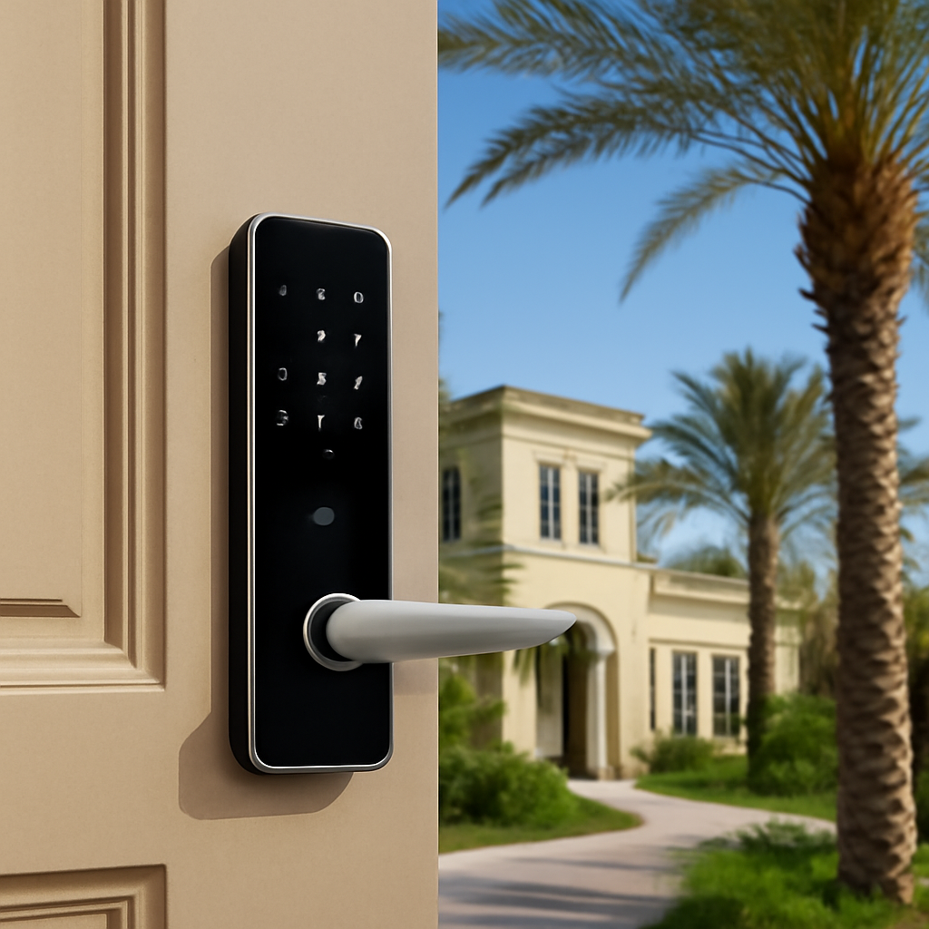 A sleek modern lock system on a Dubai villa front door, surrounded by palm trees under a clear sky. Alt: Smart lock installation on Dubai villa.