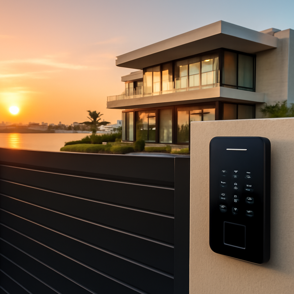A panoramic view of a luxury villa on Palm Jumeirah at sunset, highlighting the sleek, modern access control system on the front gate. Alt: Luxury villa access control system.