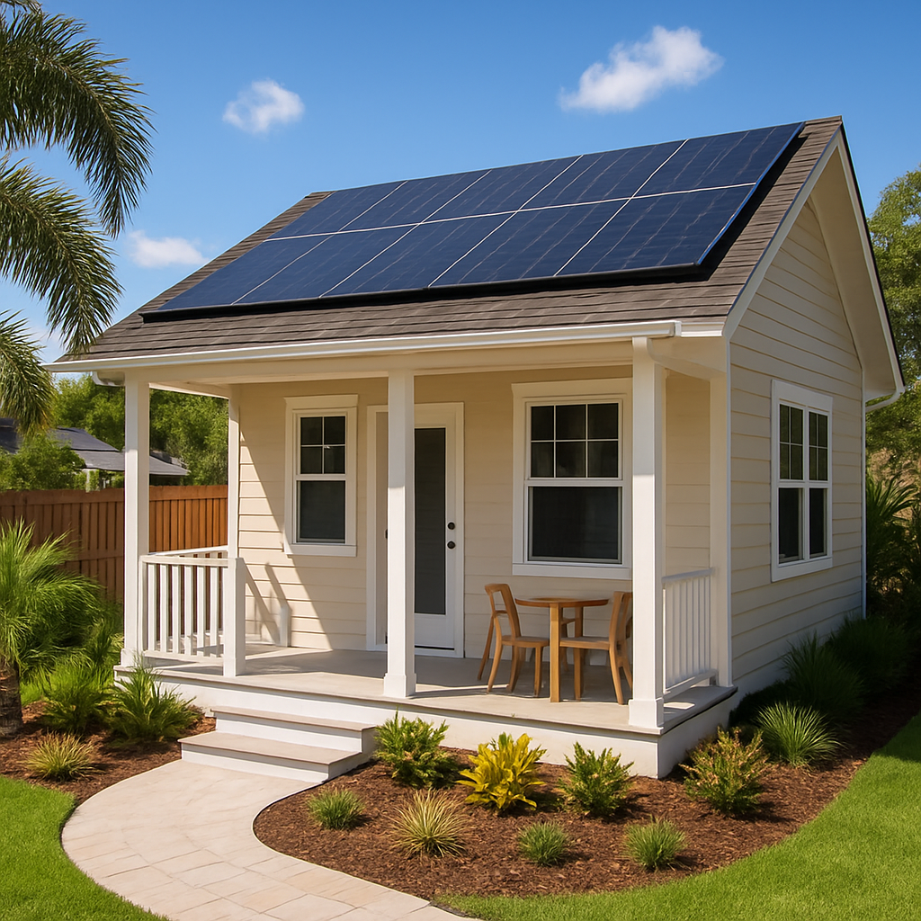 A sunny Florida backyard with a newly built detached ADU, showing a small porch, solar panels on the roof, and tasteful landscaping. Alt: Accessory dwelling unit Florida example with curb appeal and sustainable features.