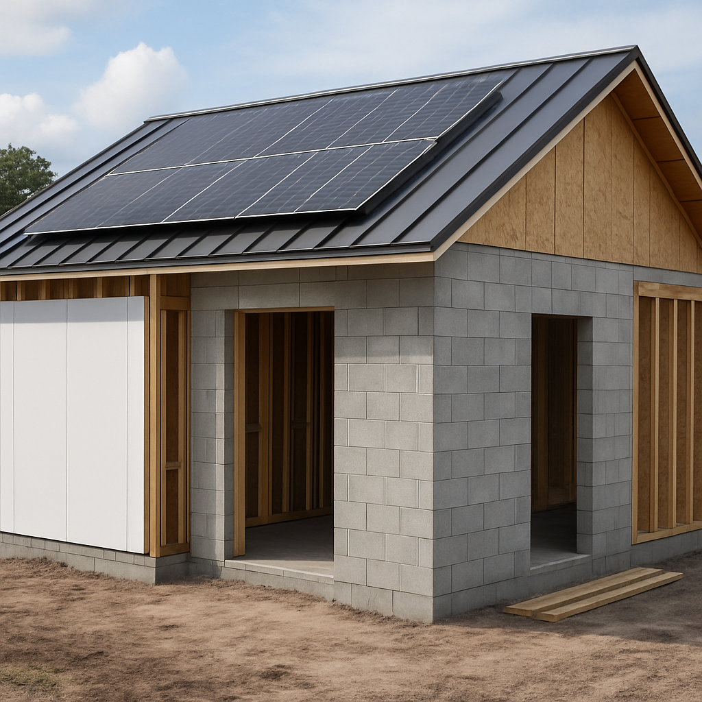 A modern accessory dwelling unit under construction in Central Florida, showing a mix of modular panels, insulated concrete walls, and a metal roof with solar panels. Alt: Construction options and materials for accessory dwelling unit florida