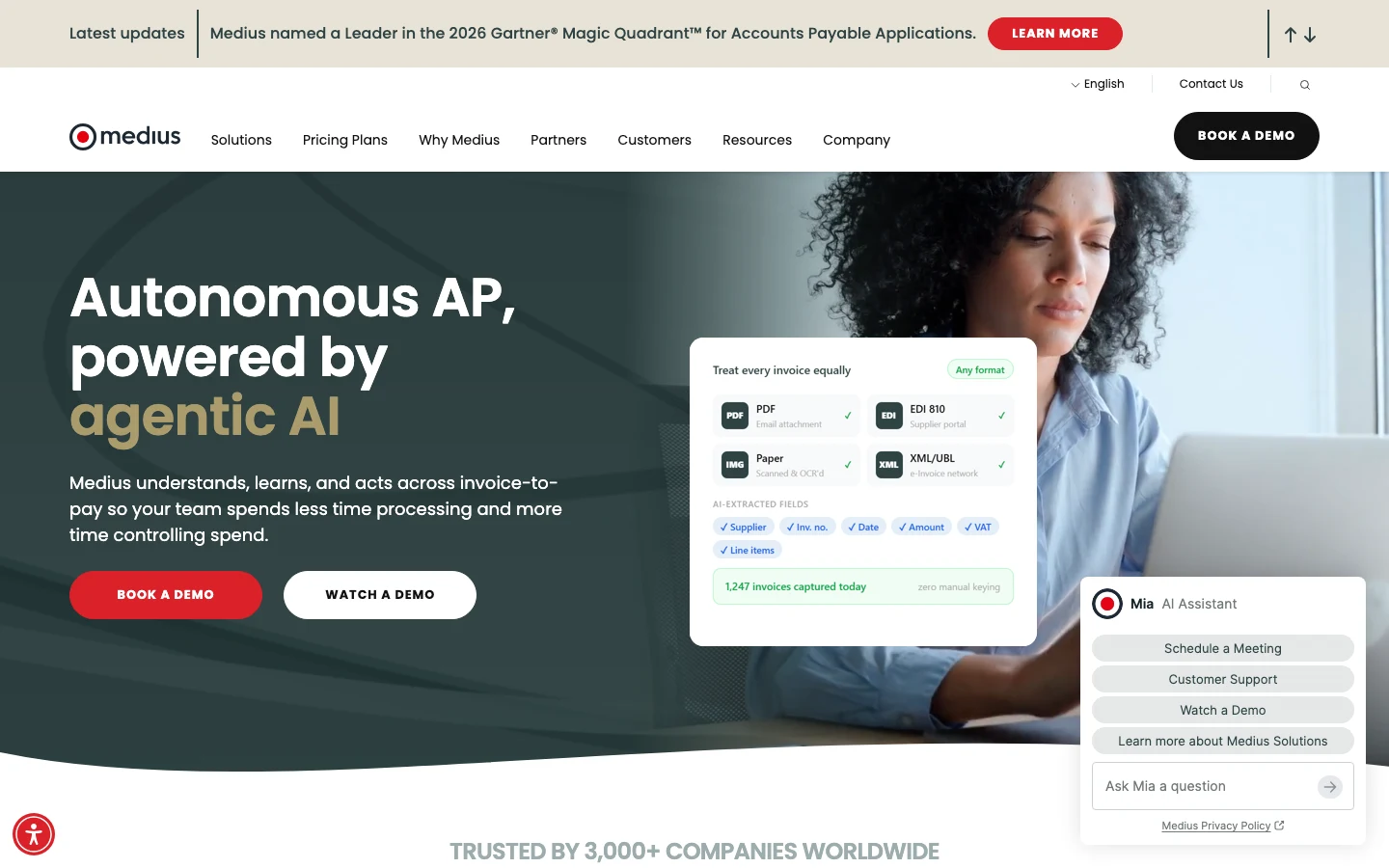 Screenshot of the Medius accounts payable automation website homepage