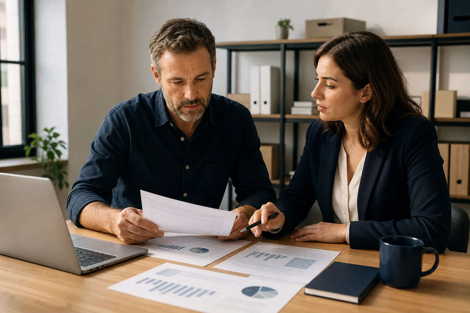 Small business owner reviewing cash and accrual accounting reports with a tax adviser