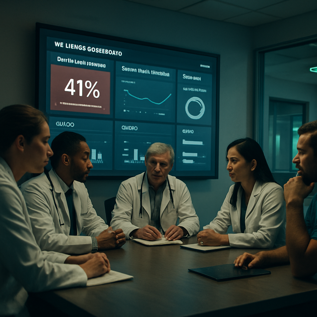 Cinematic scene of clinicians around a conference table, examining a large wellness dashboard on a wall screen in a modern hospital setting. Alt: acgme wellness dashboard in hospital ward.