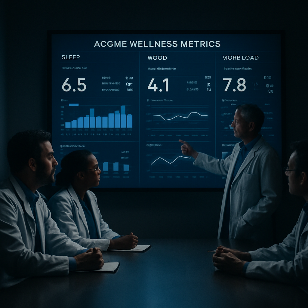 A Cinematic, high-contrast hospital conference room scene, clinicians reviewing a large dashboard of sleep, mood, and workload metrics on a wall screen. Alt: ACGME wellness metrics dashboard in action.