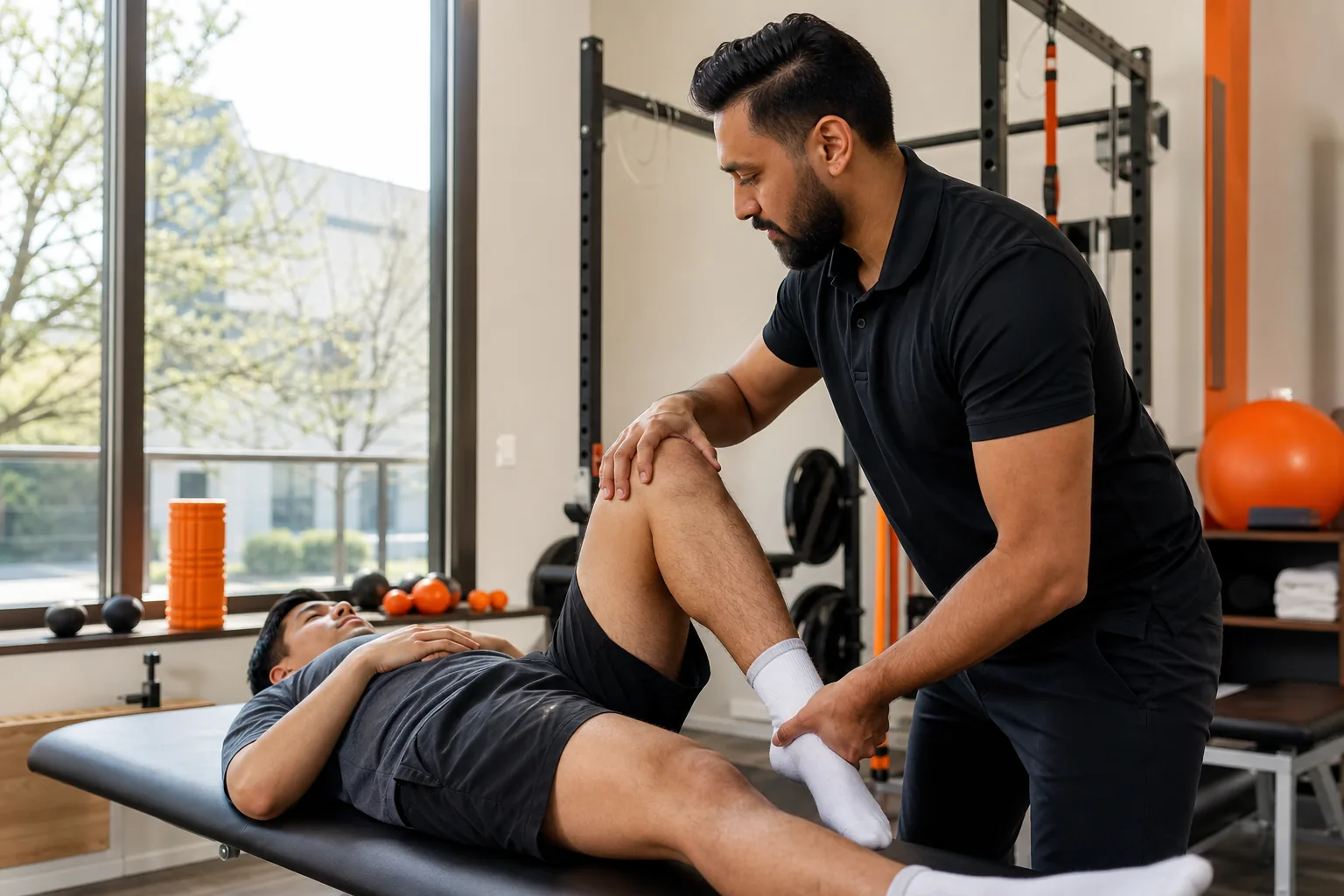 early ACL rehab knee range of motion exercise with physiotherapist.