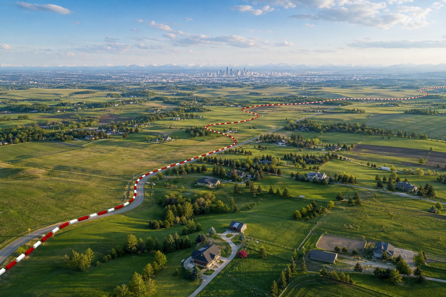 A realistic aerial view of rolling Alberta farmland with a dotted line marking the Calgary metropolitan boundary, showing nearby acreages in Rocky View County, bright spring colors, natural lighting, realistic style