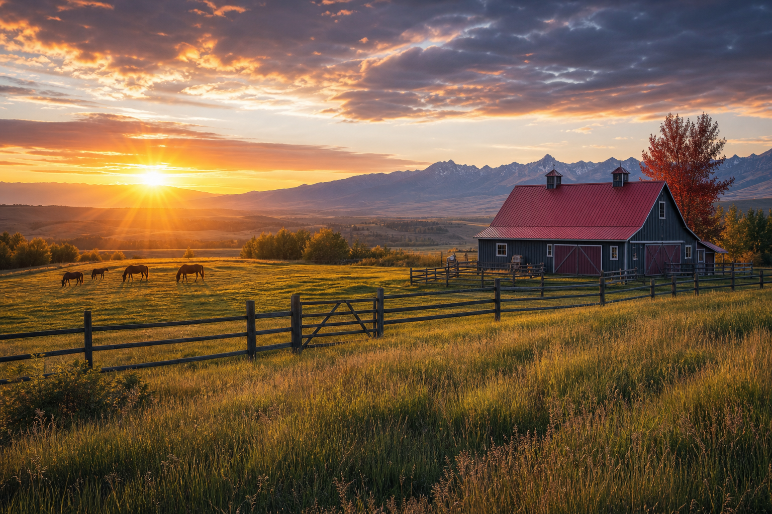 A realistic sunrise over a 20‑acre Alberta property with a barn, pasture, and distant foothills, vibrant natural colors, realistic style