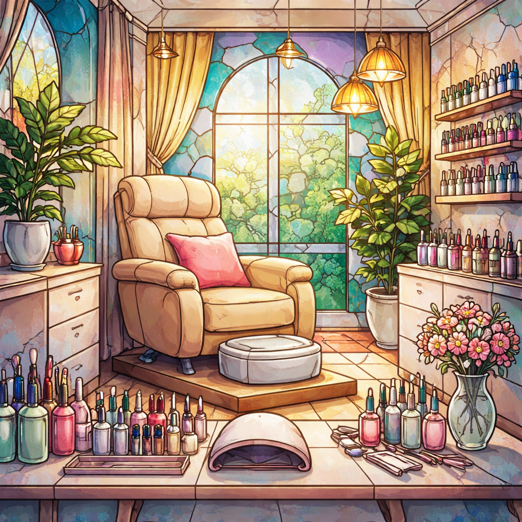 Stained glass illustration of a cozy nail salon interior with a comfortable chair, nail tools neatly arranged, and a welcoming atmosphere. Alt: acrylic nail salon interior, clean, inviting, professional setting