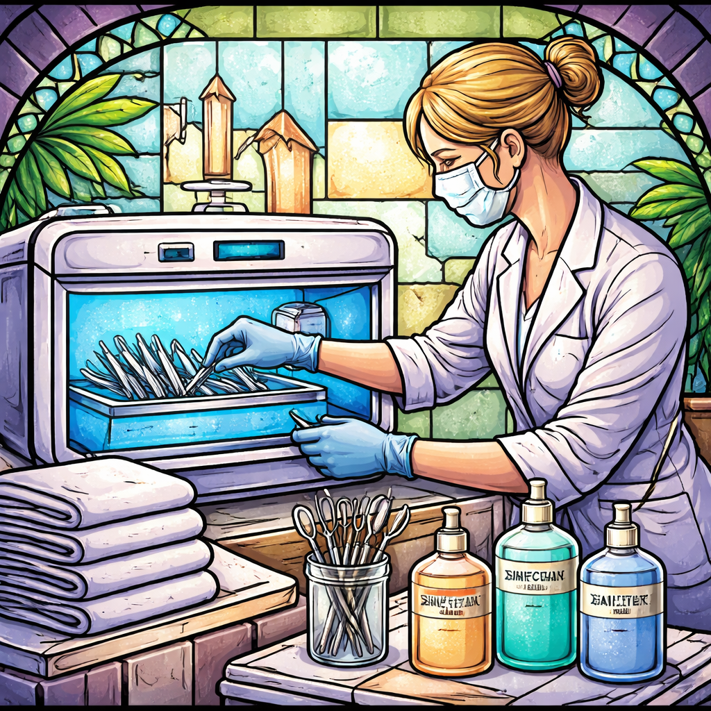 Stained glass style depiction of a nail technician using a UV sterilizer, clean towels, and labeled disinfectants. Alt: nail salon hygiene, sterilization, clean tools