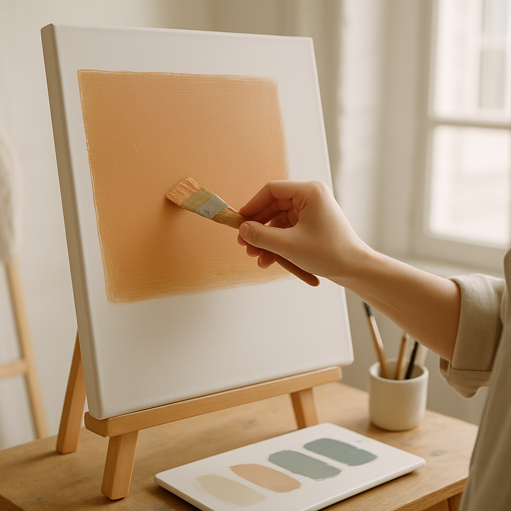 A bright studio scene showing an artist applying a smooth base layer of acrylic paint on a canvas, brush in hand, with a muted color palette visible. Alt: acrylic painting base layers for beginners