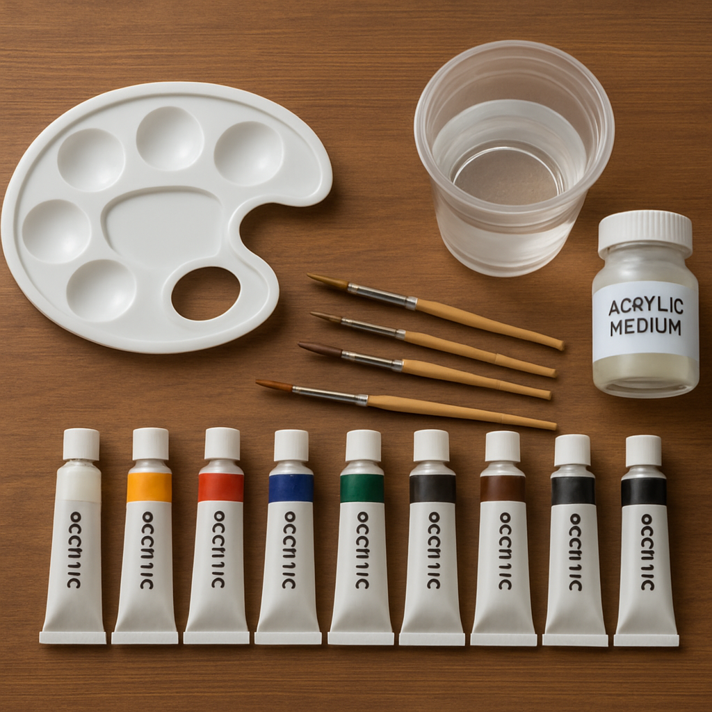 A neatly arranged set of acrylic painting supplies on a wooden table, including paint tubes, brushes, a palette, water cup, and a small jar of acrylic medium. Alt: acrylic painting supplies for beginners