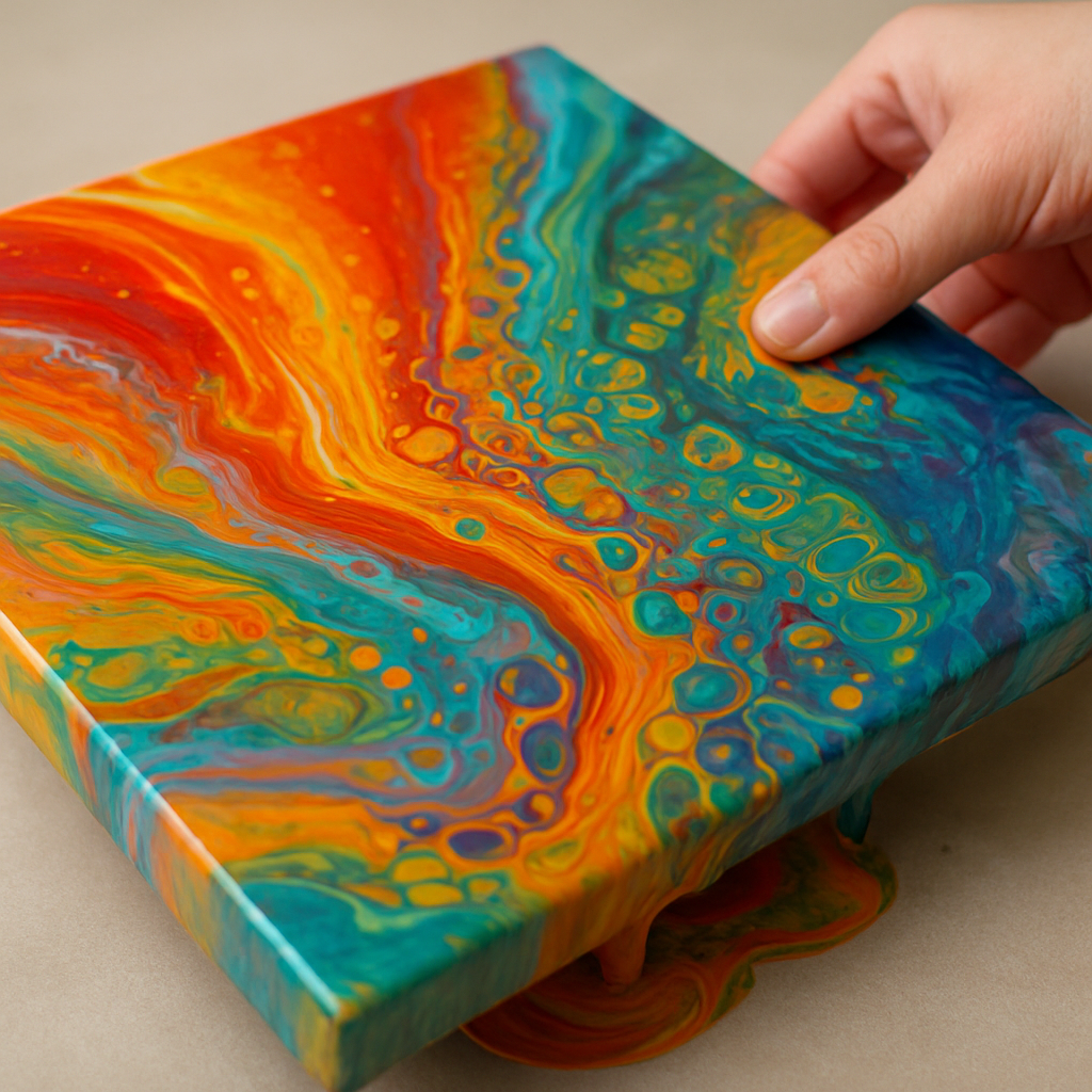 A close‑up of a canvas mid‑pour, showing vibrant colours flowing, silicone cells forming, and a hand gently tilting the canvas. Alt: acrylic pour painting for beginners step by step – pouring, tilting, and cell formation.