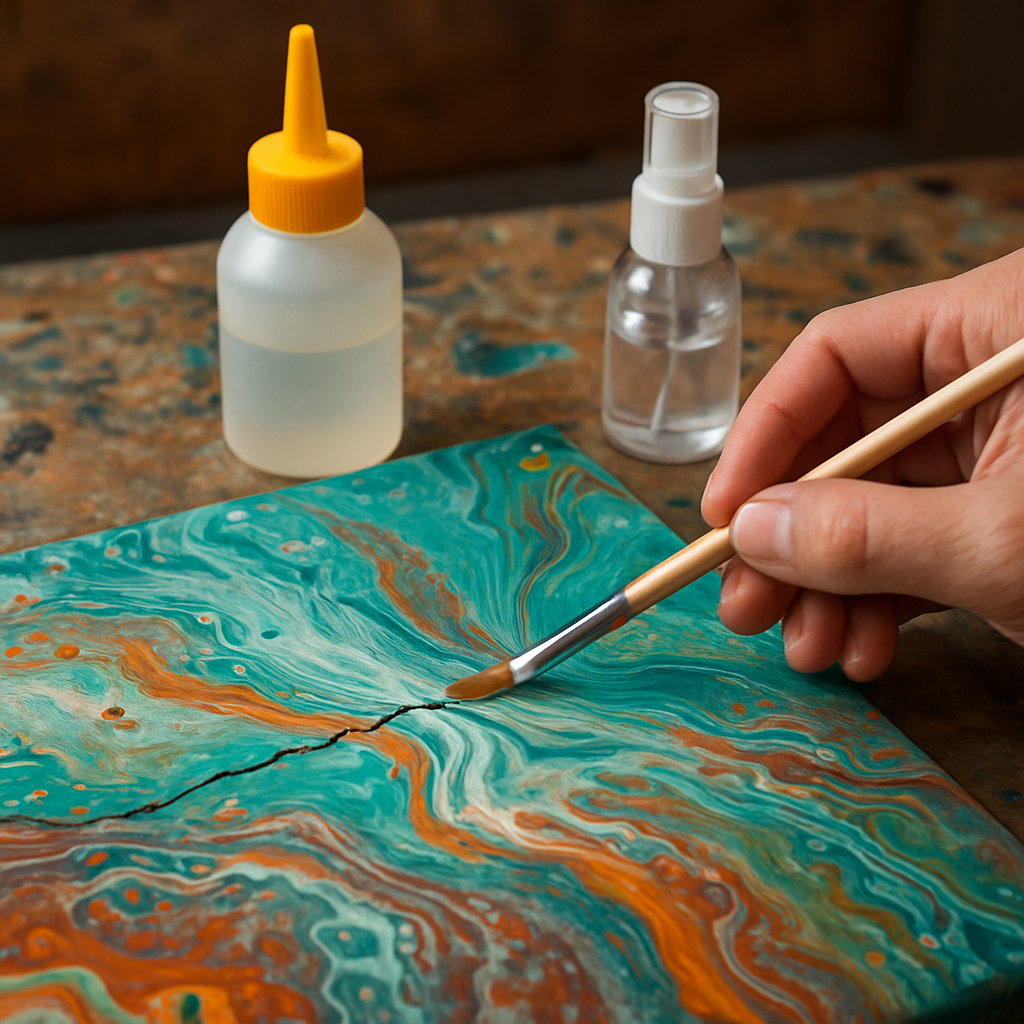 A close‑up of an acrylic pour painting troubleshooting scene, showing a hand holding a brush to smooth a cracked area, a nearby silicone bottle, and a small spray bottle of alcohol, all set on a cluttered artist’s table. Alt: troubleshooting common issues in acrylic pour painting for beginners step by step.
