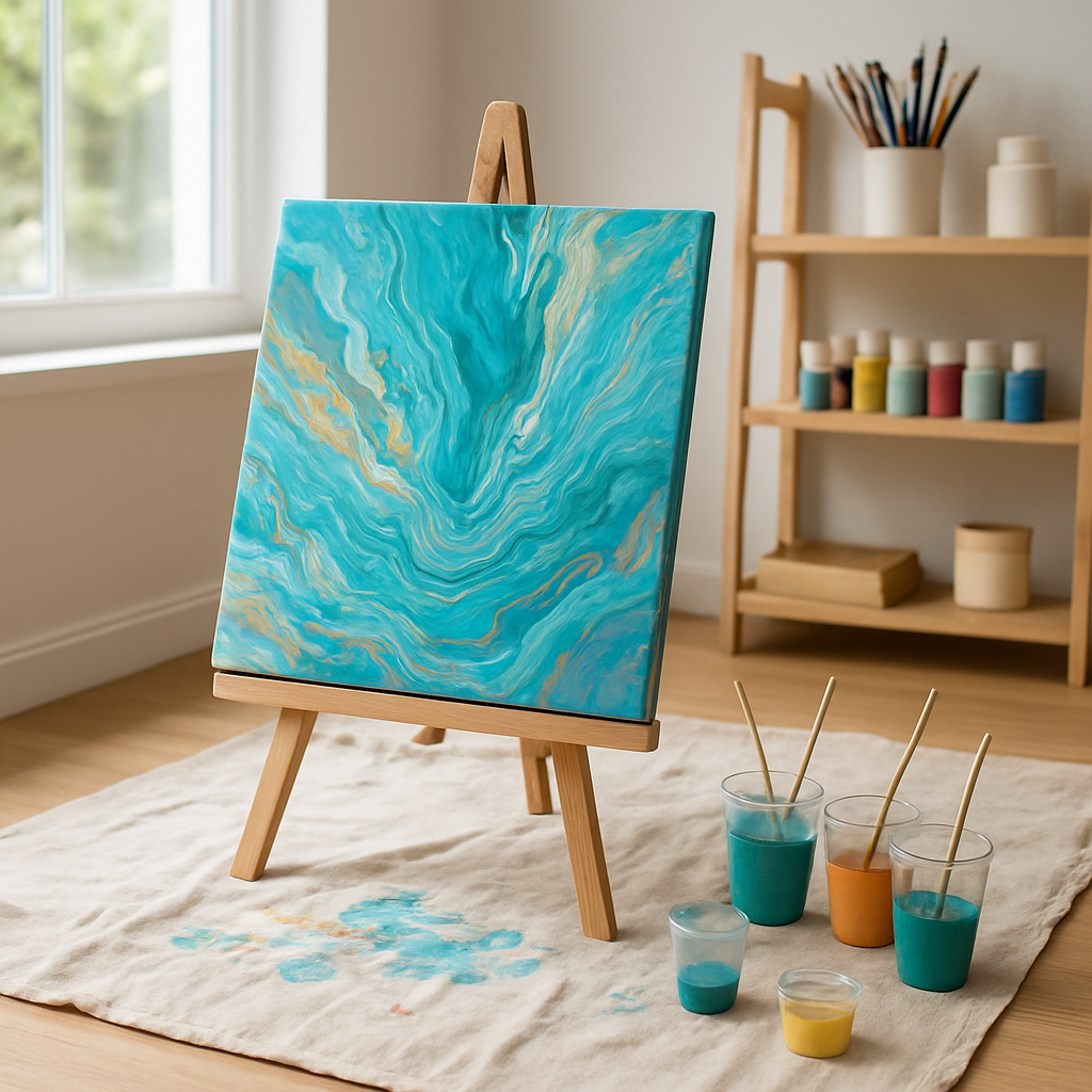 A bright, organized art studio corner with a canvas on a painter’s pyramid, drop cloth, paint cups, and natural light. Alt: acrylic pour painting workspace setup for beginners.