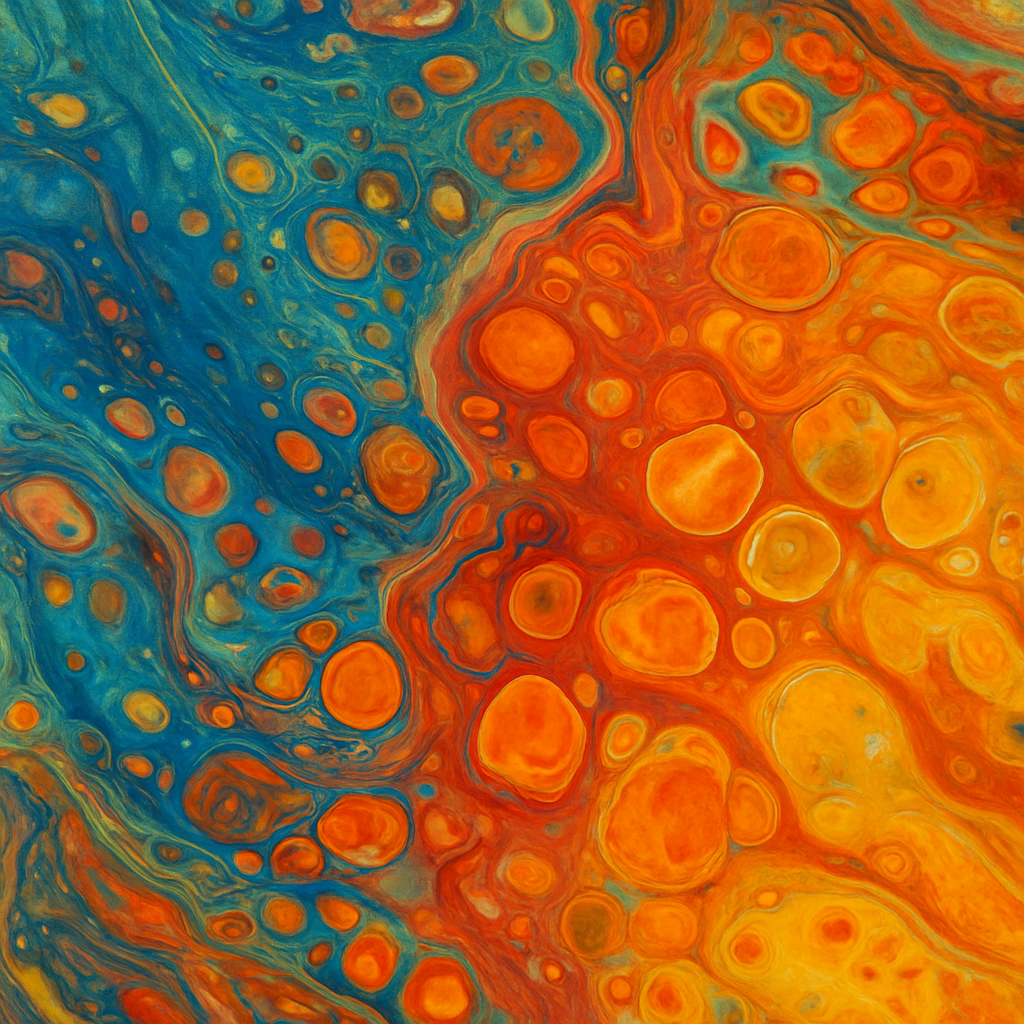 A close‑up of swirling acrylic pour with vivid cells forming in a canvas. Alt: acrylic pour painting cells for beginners.