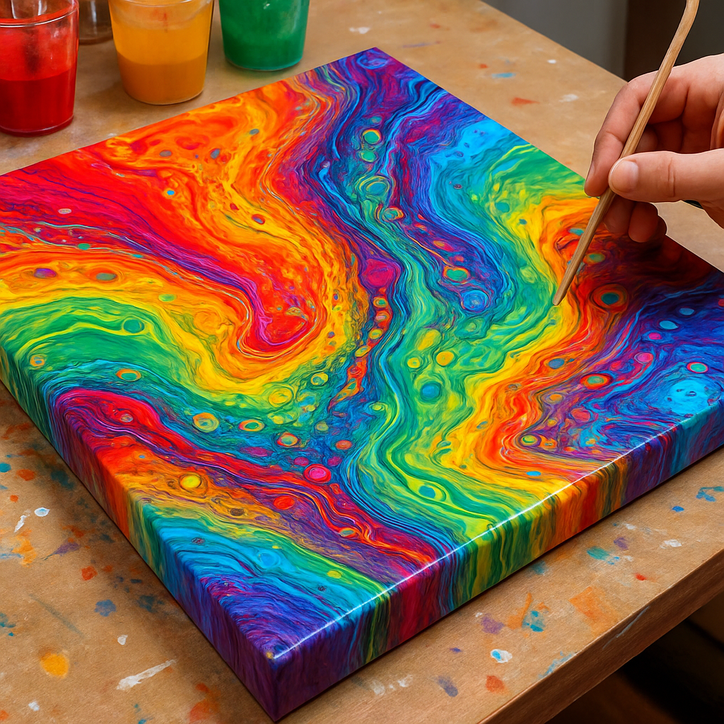A vibrant acrylic pour in progress on a sturdy canvas, bright colors swirling with cellular patterns, bright studio lighting. Alt: acrylic pouring techniques for beginners, colorful swirl on canvas.