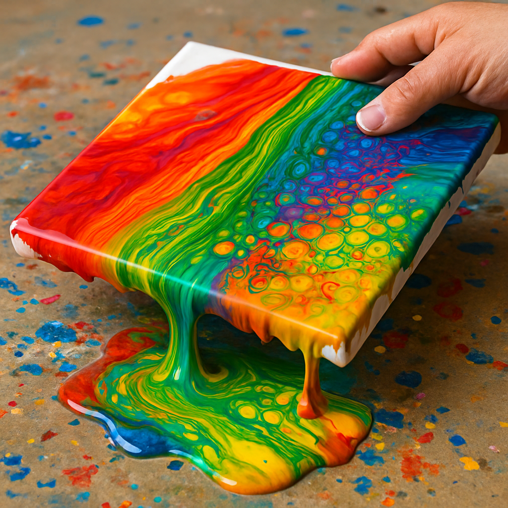 A vibrant acrylic pour in progress, showing a hand tilting a canvas to guide flowing colors, bright cells forming across the surface. Alt: First acrylic pour step by step with vibrant colors and cells