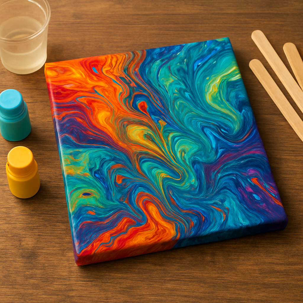 A vibrant acrylic pour canvas on a wooden tabletop, colors swirling in fluid motion as paint spreads organically. Alt: acrylic pouring techniques for beginners materials