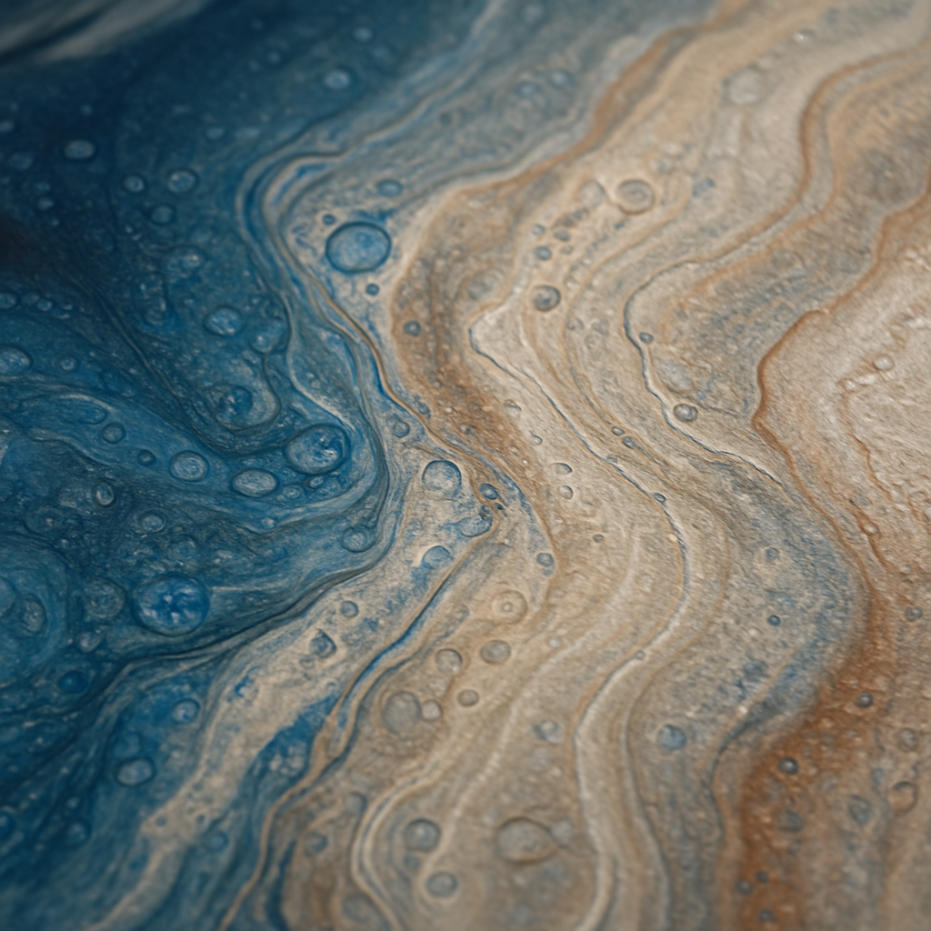 A close‑up of a drying acrylic pour artwork showing subtle cells and edges, with a soft light highlighting the texture. Alt: Acrylic pour finishing and curing details